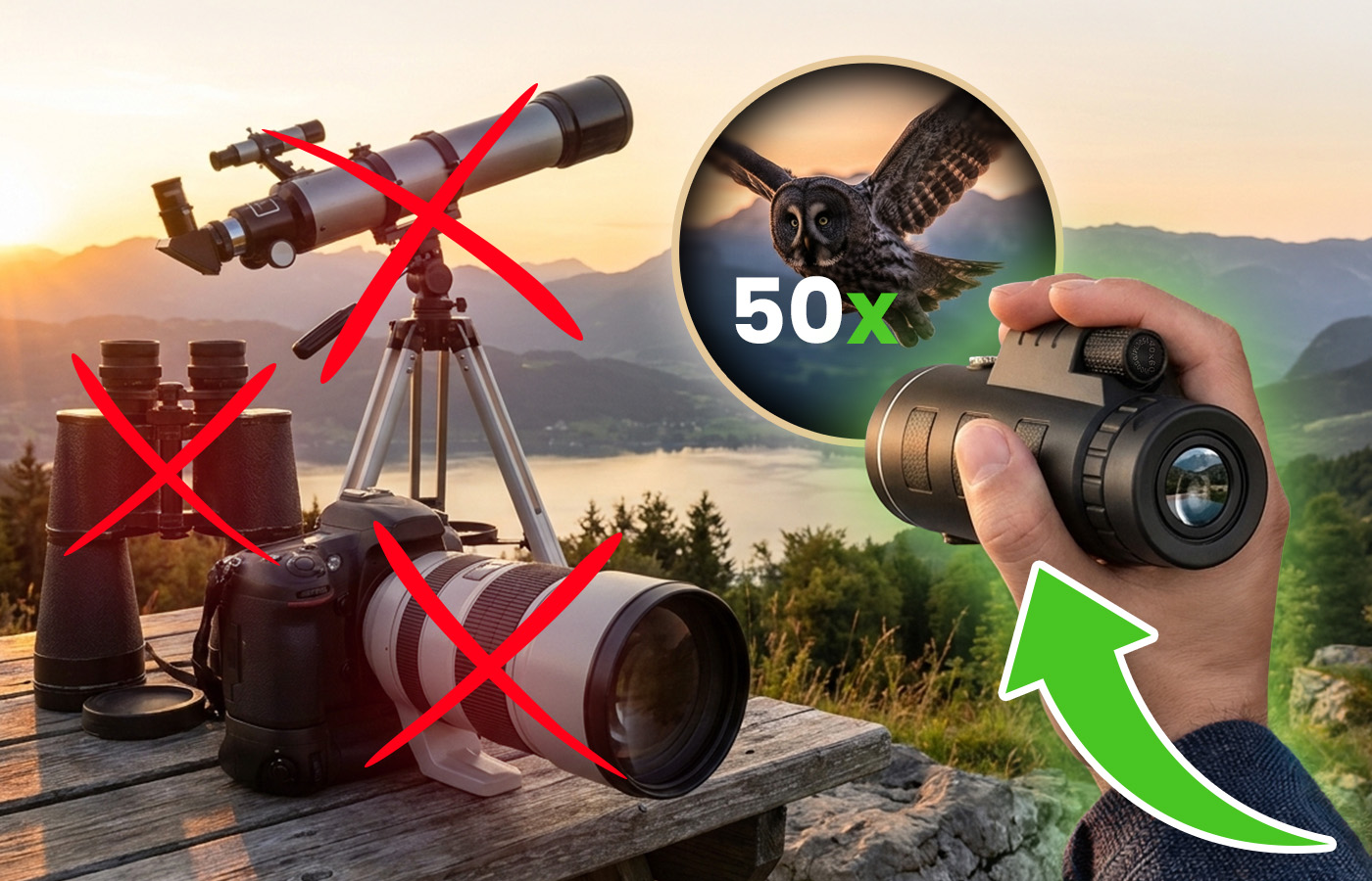Miniluneta ZoomMaster ze smartfonem i przybliżeniem krajobrazu