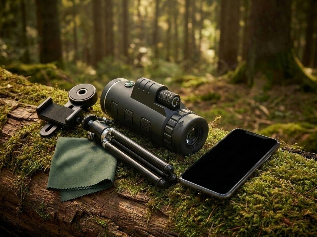 ZoomMaster na pniu drzewa ze smartfonem